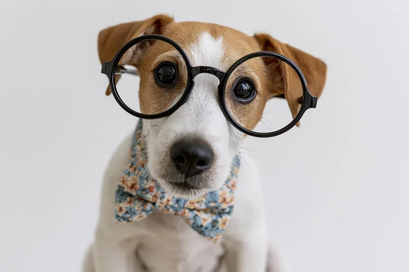 Jack russell puppy wearing oversized glasses and a bowtie, sitting upright against a white background