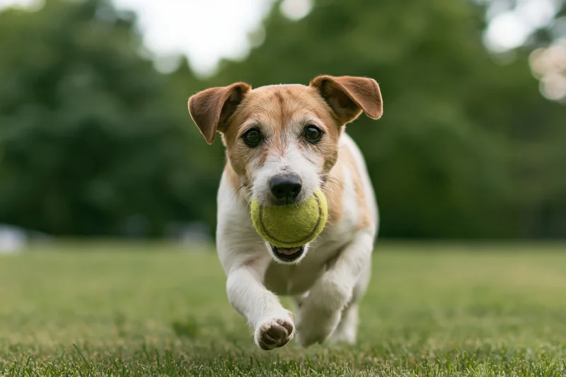 Jack russell terrier running toward camera with tennis ball in mouth on grassy field