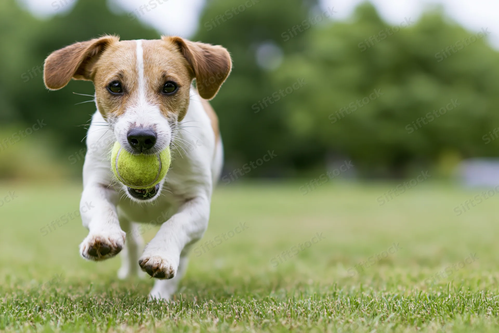 Jack russell terrier running toward camera with tennis ball in mouth on grassy field