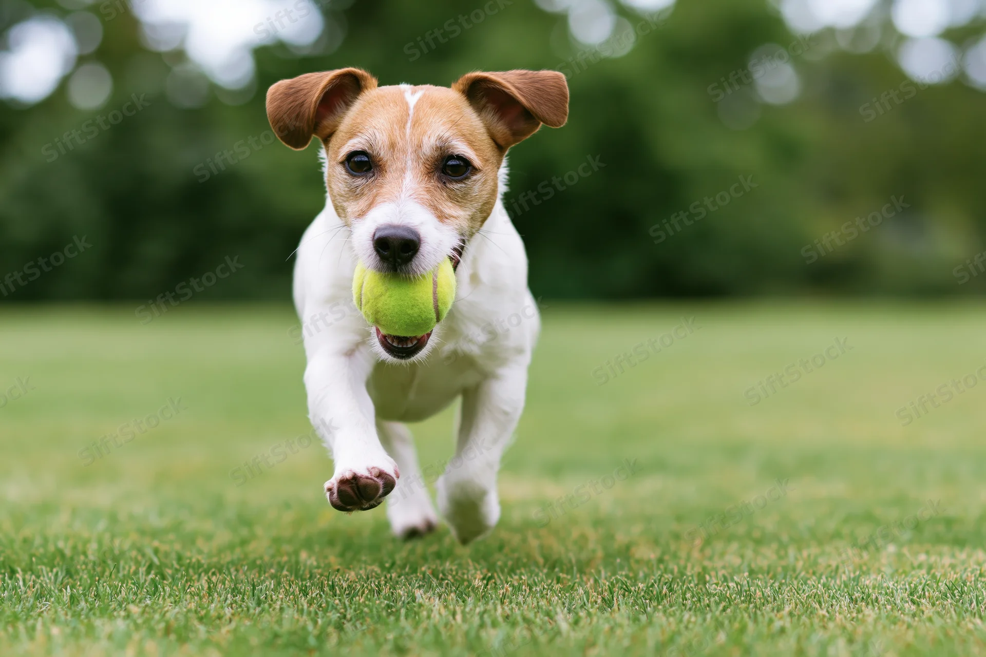 Jack russell terrier running toward camera with tennis ball in mouth on grassy field