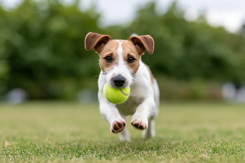 Jack russell terrier running toward camera with tennis ball in mouth on grassy field
