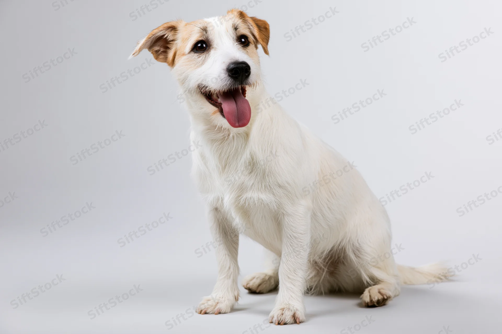 Jack russell terrier sitting upright with tongue out in studio portrait