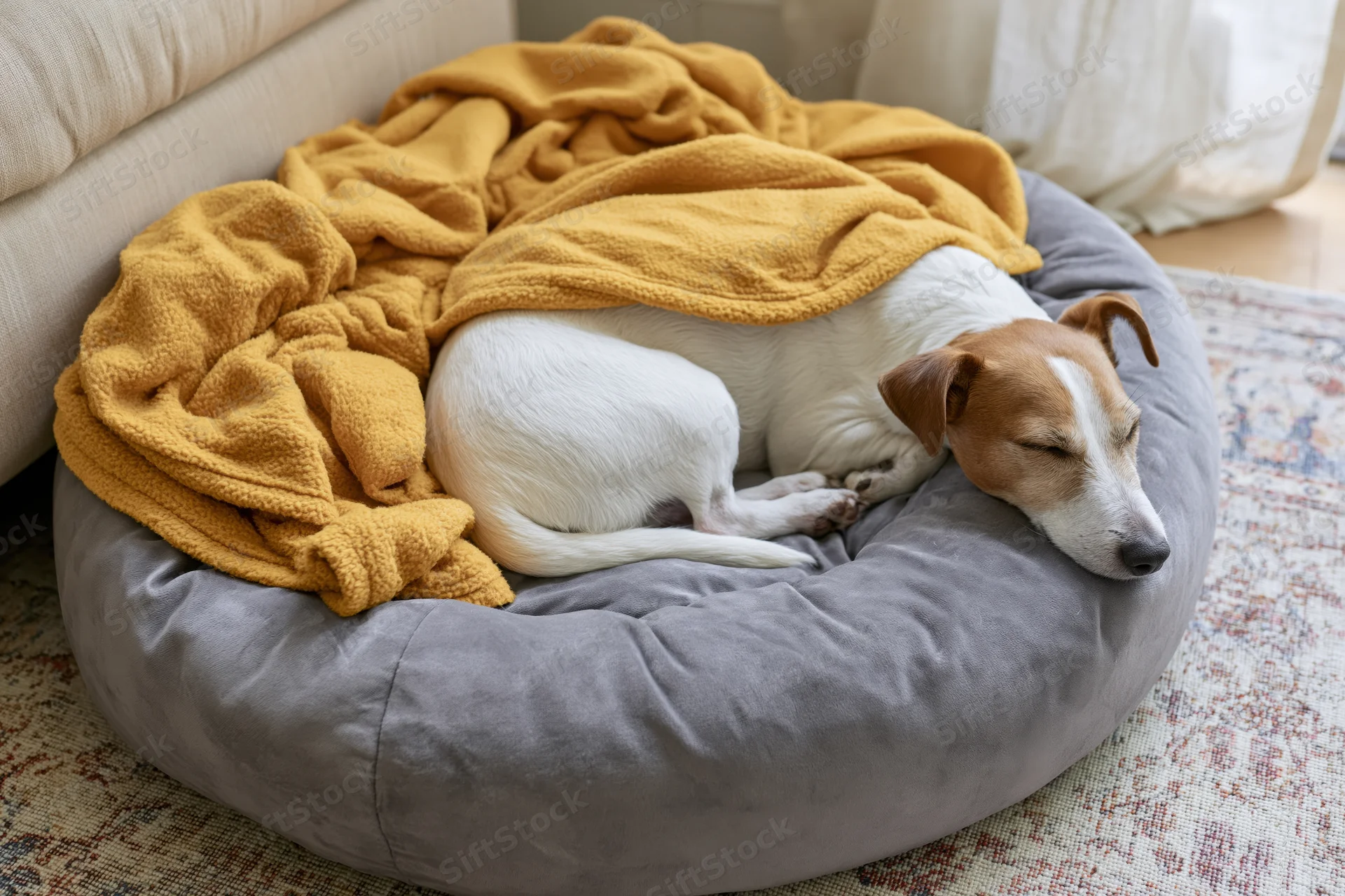 Jack russell terrier sleeping curled up on a round grey dog bed covered with a yellow blanket in a living room
