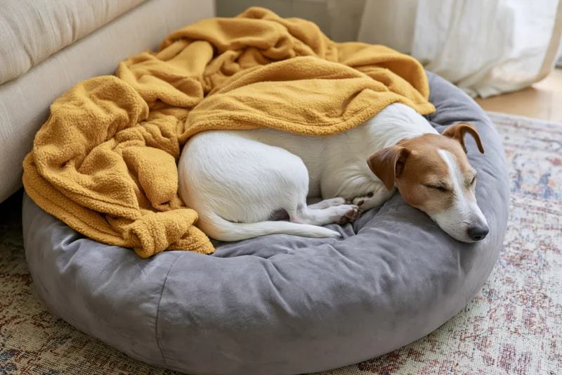 Jack russell terrier sleeping curled up on a round grey dog bed covered with a yellow blanket in a living room