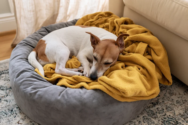 Jack russell terrier sleeping curled up on a round grey dog bed with a yellow blanket in a living room