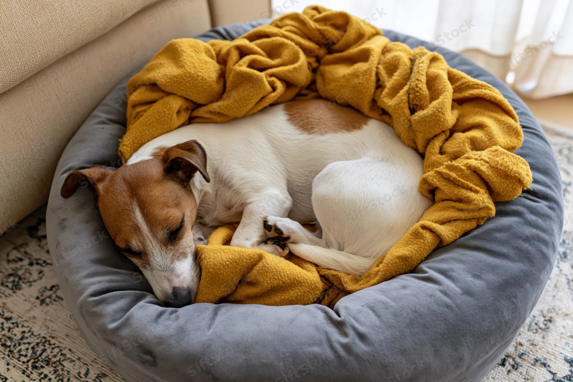 Jack russell terrier sleeping curled up in a round grey dog bed with a yellow blanket on a patterned rug near a sofa