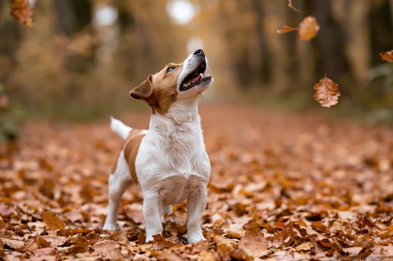 Jack russell terrier standing alert on a forest path covered in fallen autumn leaves
