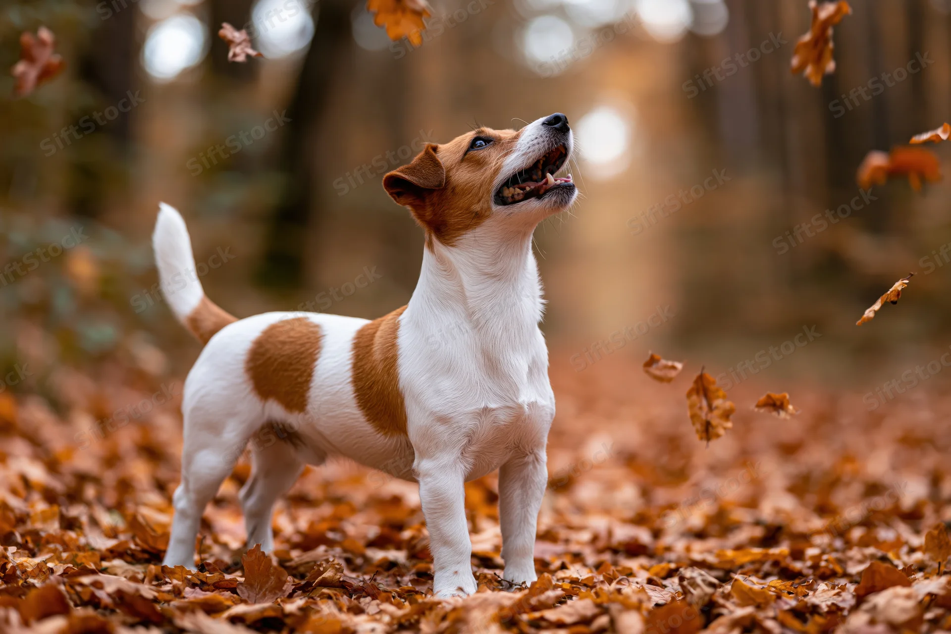 Jack russell terrier standing alert with mouth open in a forest path covered in fallen autumn leaves