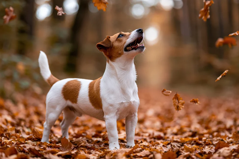 Jack russell terrier standing alert with mouth open in a forest path covered in fallen autumn leaves