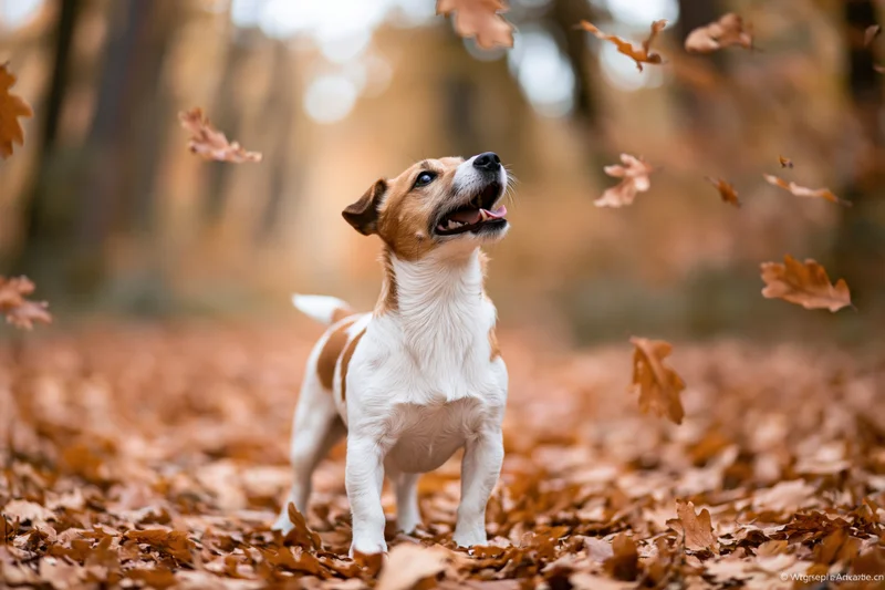 Jack russell terrier standing alert on a forest path covered in fallen autumn leaves