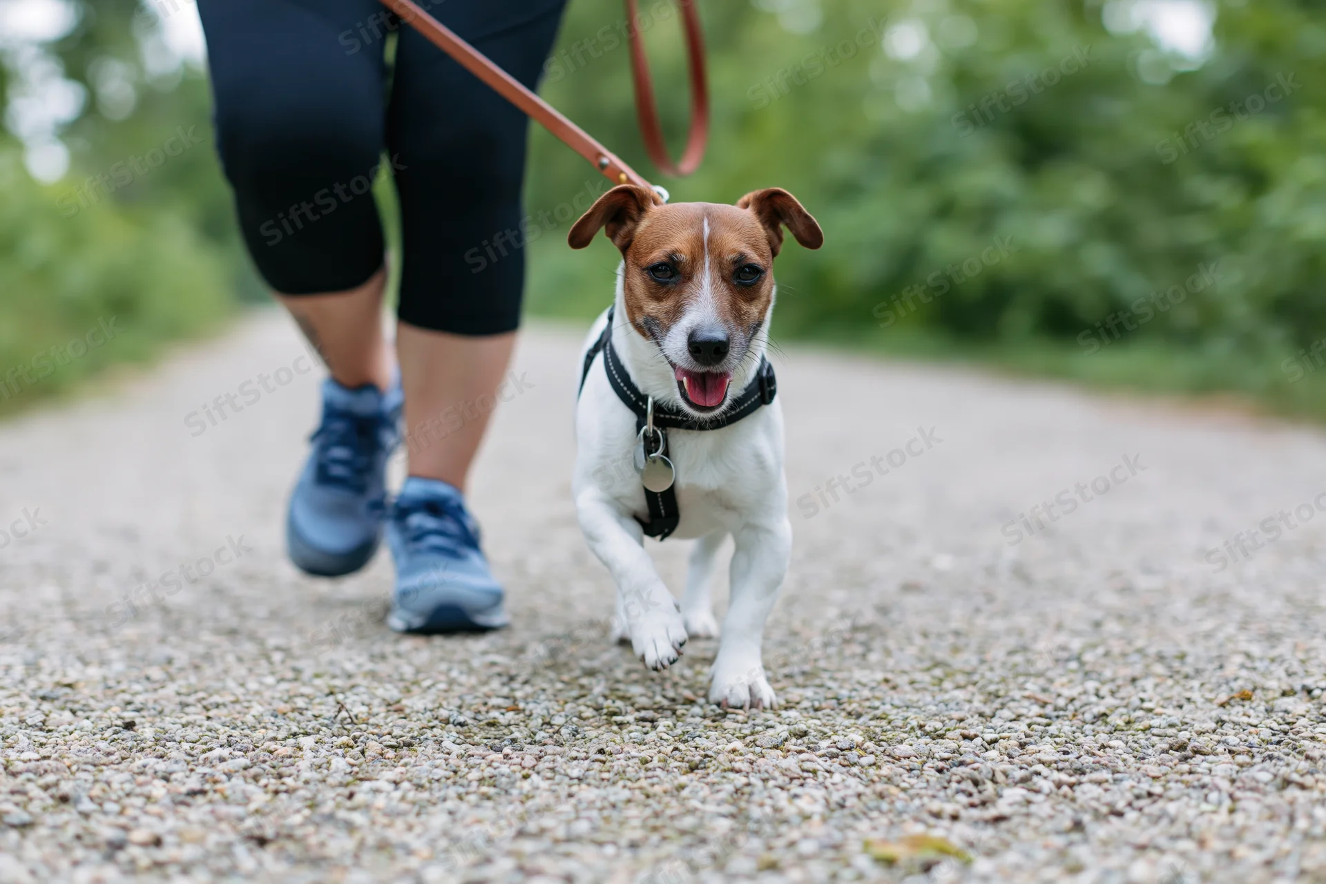 Jack russell terrier trotting on leash beside woman walking on gravel path