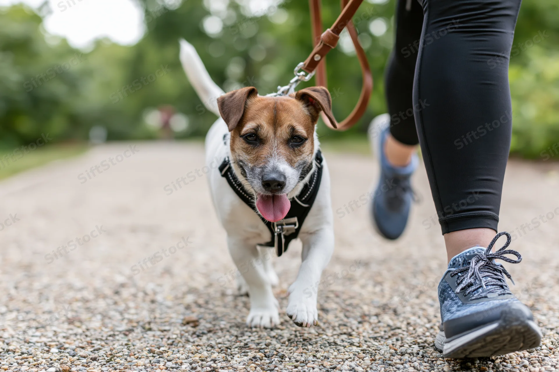 Jack russell terrier trotting on leash beside woman walking on gravel path in park
