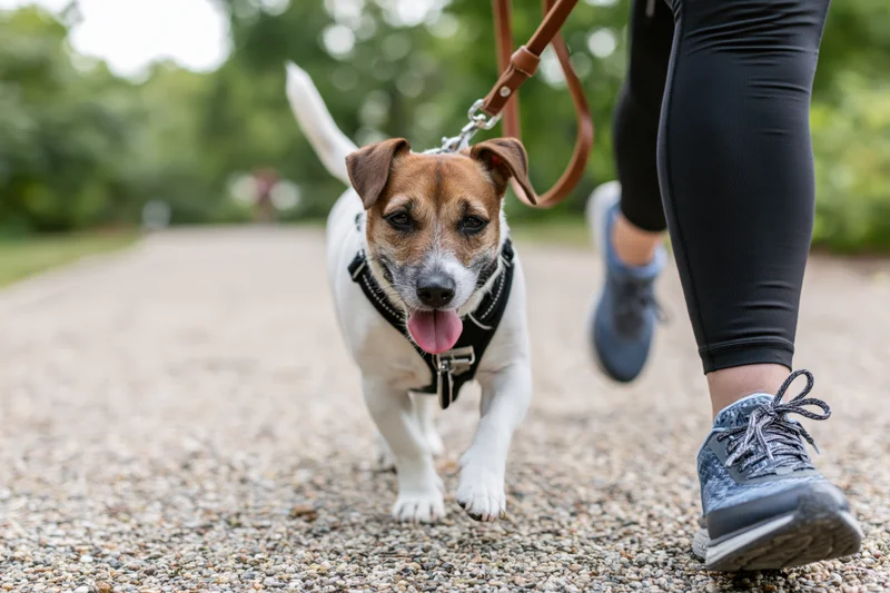 Jack russell terrier trotting on leash beside woman walking on gravel path in park