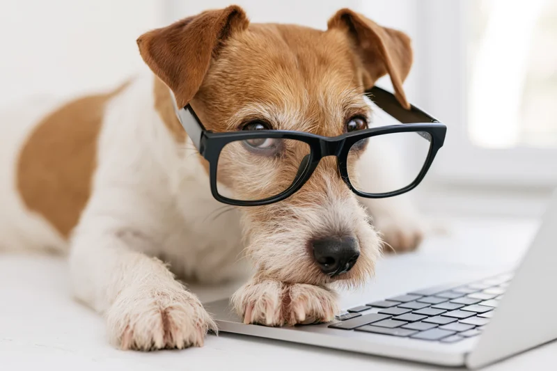 Jack russell terrier wearing oversized black-rimmed glasses focused on laptop keyboard in home office setting