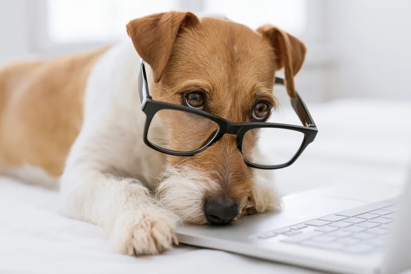 Jack russell terrier wearing oversized glasses resting head on laptop keyboard indoors