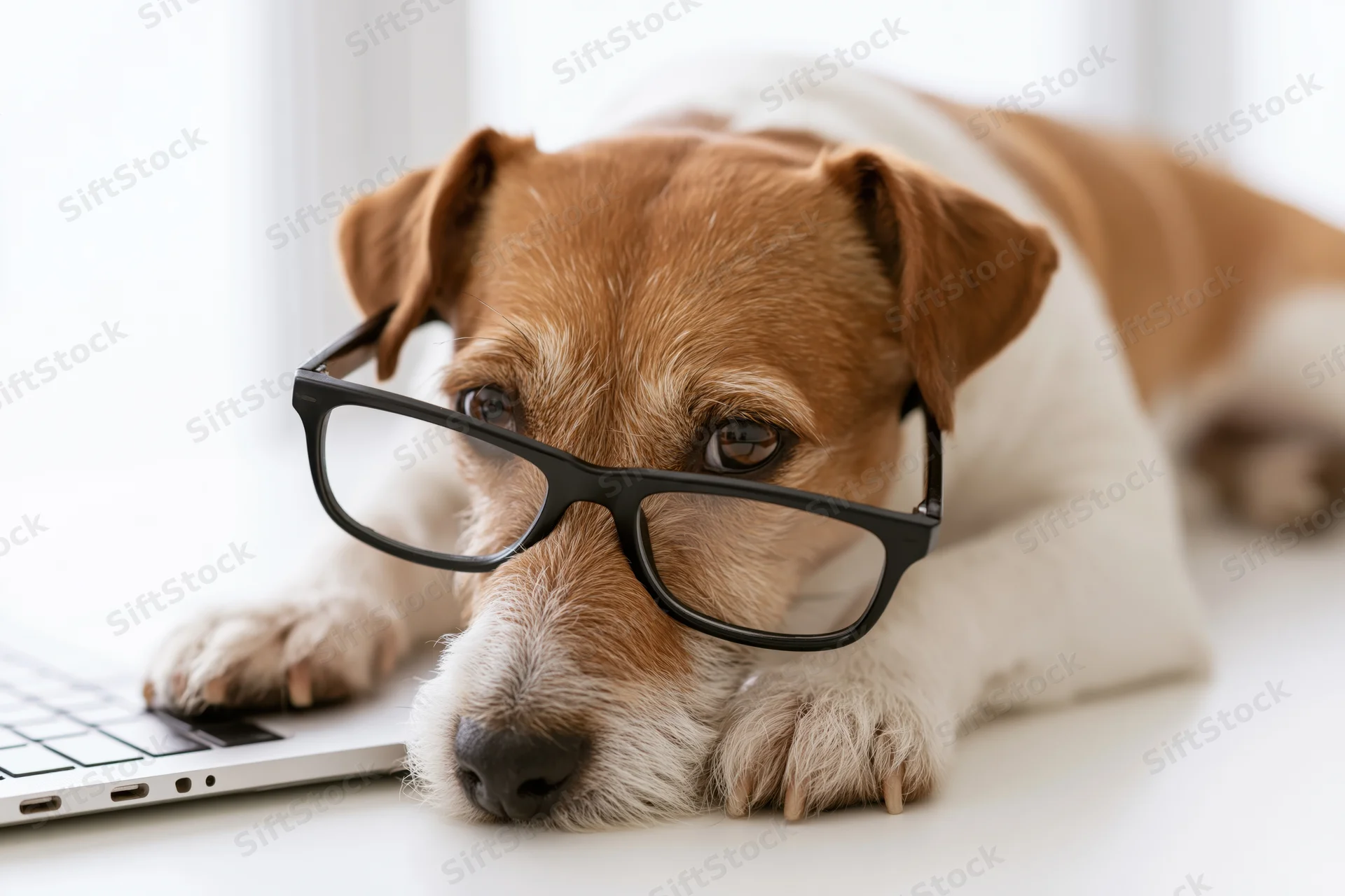 Jack russell terrier wearing oversized black-rimmed glasses resting head on desk beside laptop keyboard