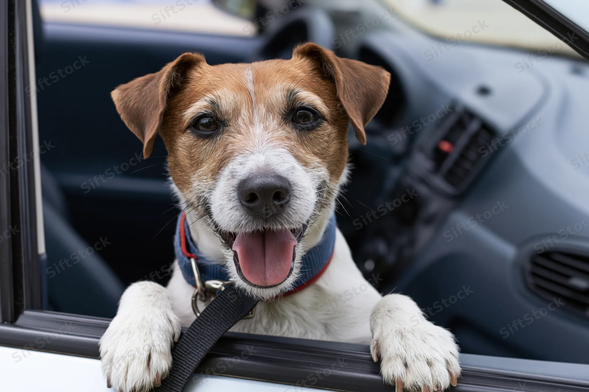Jack russell terrier with paws on car window frame, tongue out, looking forward
