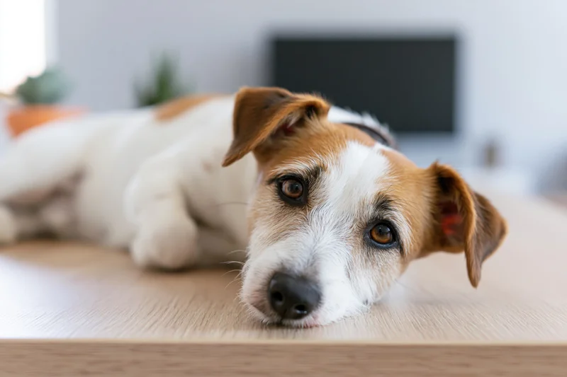 Jack russell terrier lying on light wood table with head resting and eyes looking forward