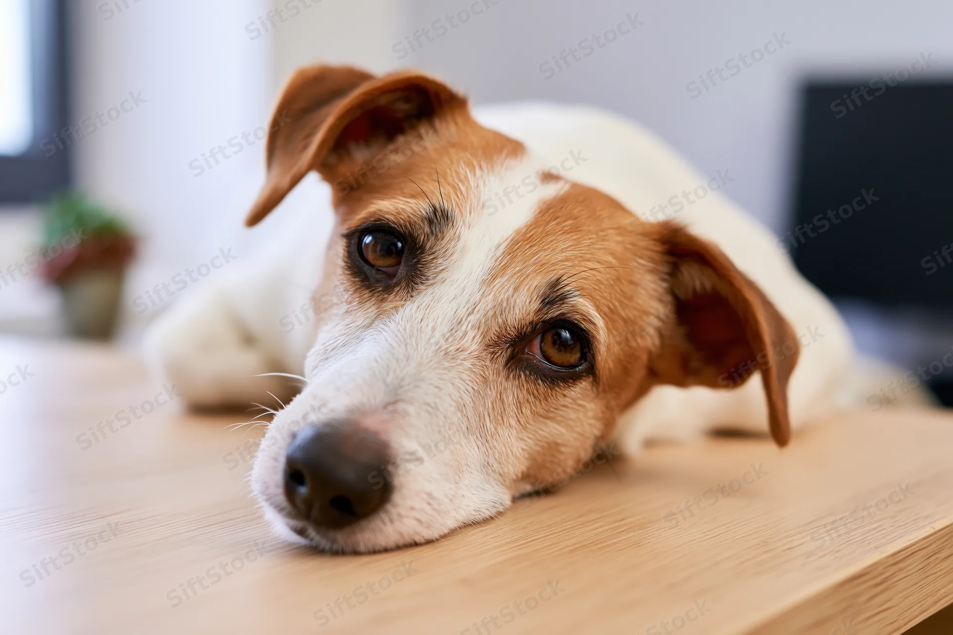 Jack russell terrier lying with chin on light wood table indoors