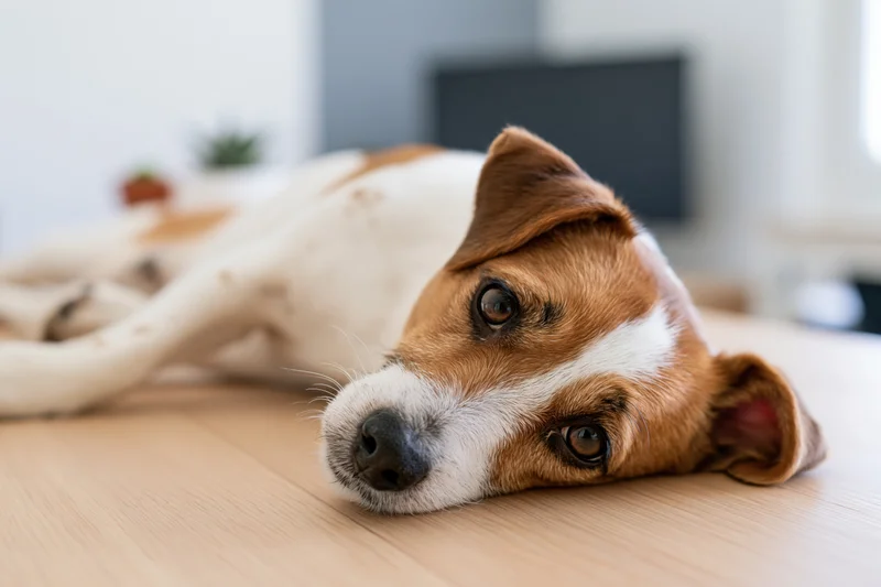 Jack russell terrier lying on light wood floor with head resting and eyes looking at camera