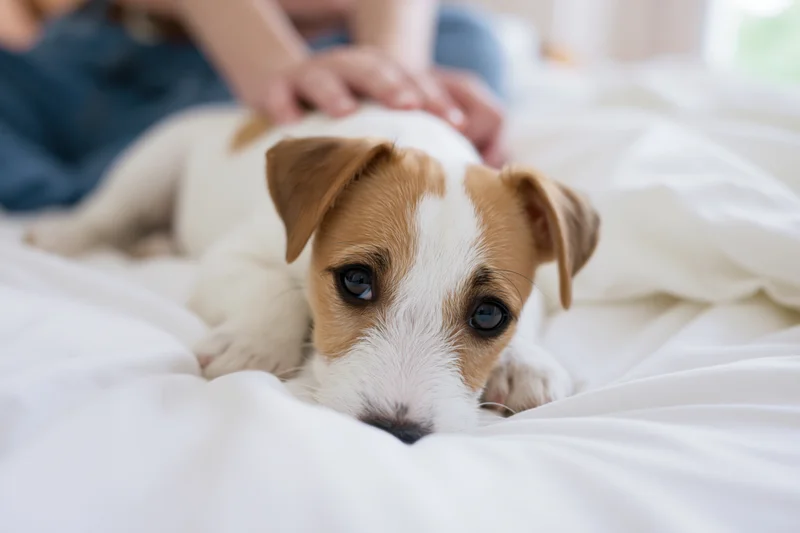 Jack russell terrier puppy lying chin-down on white bedding with human hand petting it
