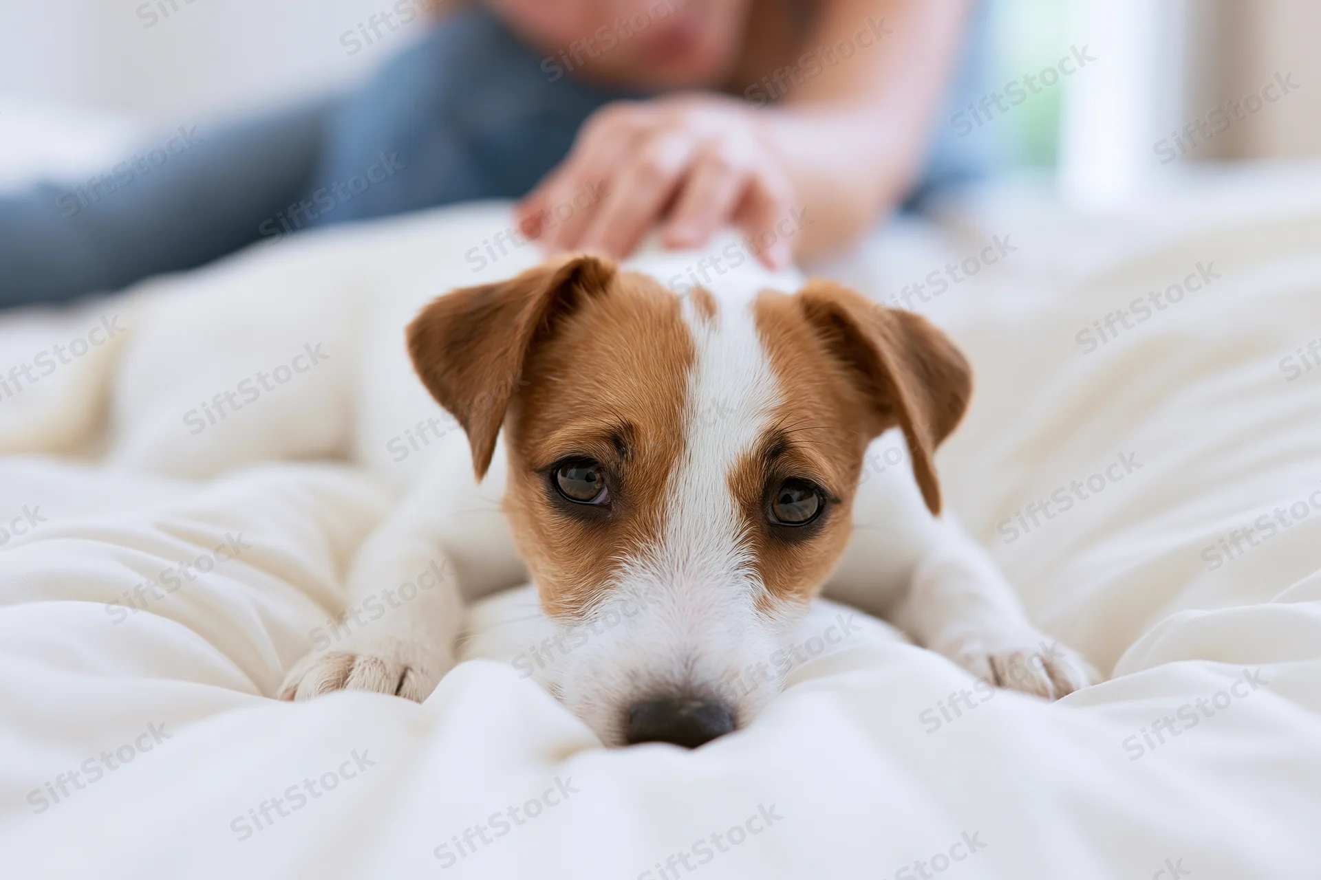 Jack russell terrier puppy lying on white bedding with woman’s hand resting on its back in bedroom