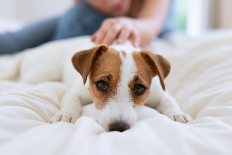 Jack Russell terrier puppy lying chin-down on white bedding