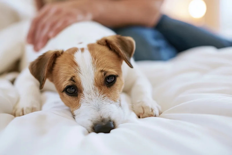 Jack russell terrier puppy lying chin-down on white bedding with human hand resting nearby in bedroom