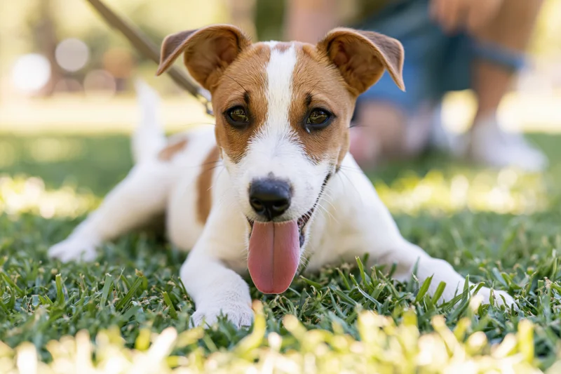 Jack russell terrier puppy lying on green grass with tongue out, outdoors in sunlight