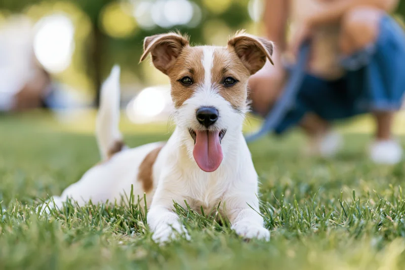 Jack russell terrier puppy lying on green grass with tongue out, outdoors in park setting