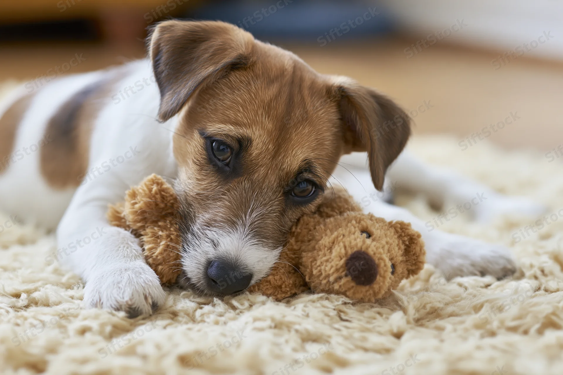 Jack russell terrier puppy lying on cream shaggy rug with teddy bear toy