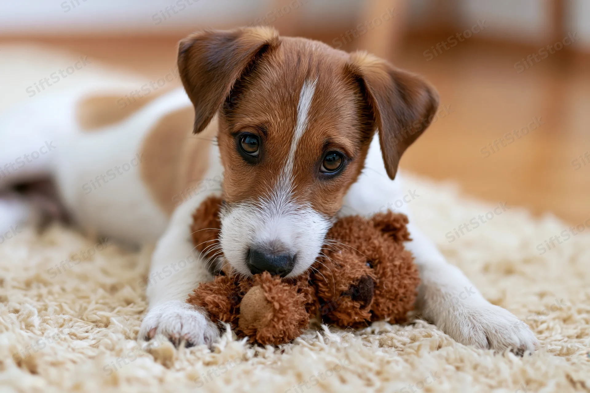 Jack russell terrier puppy lying on cream shaggy rug with stuffed toy