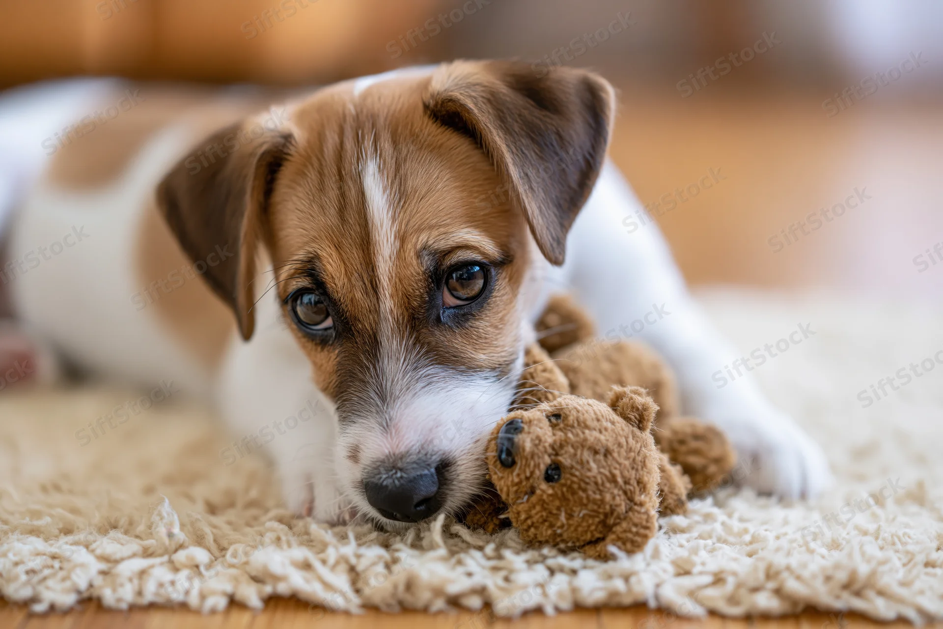 Jack russell terrier puppy lying on cream shaggy rug with stuffed teddy bear