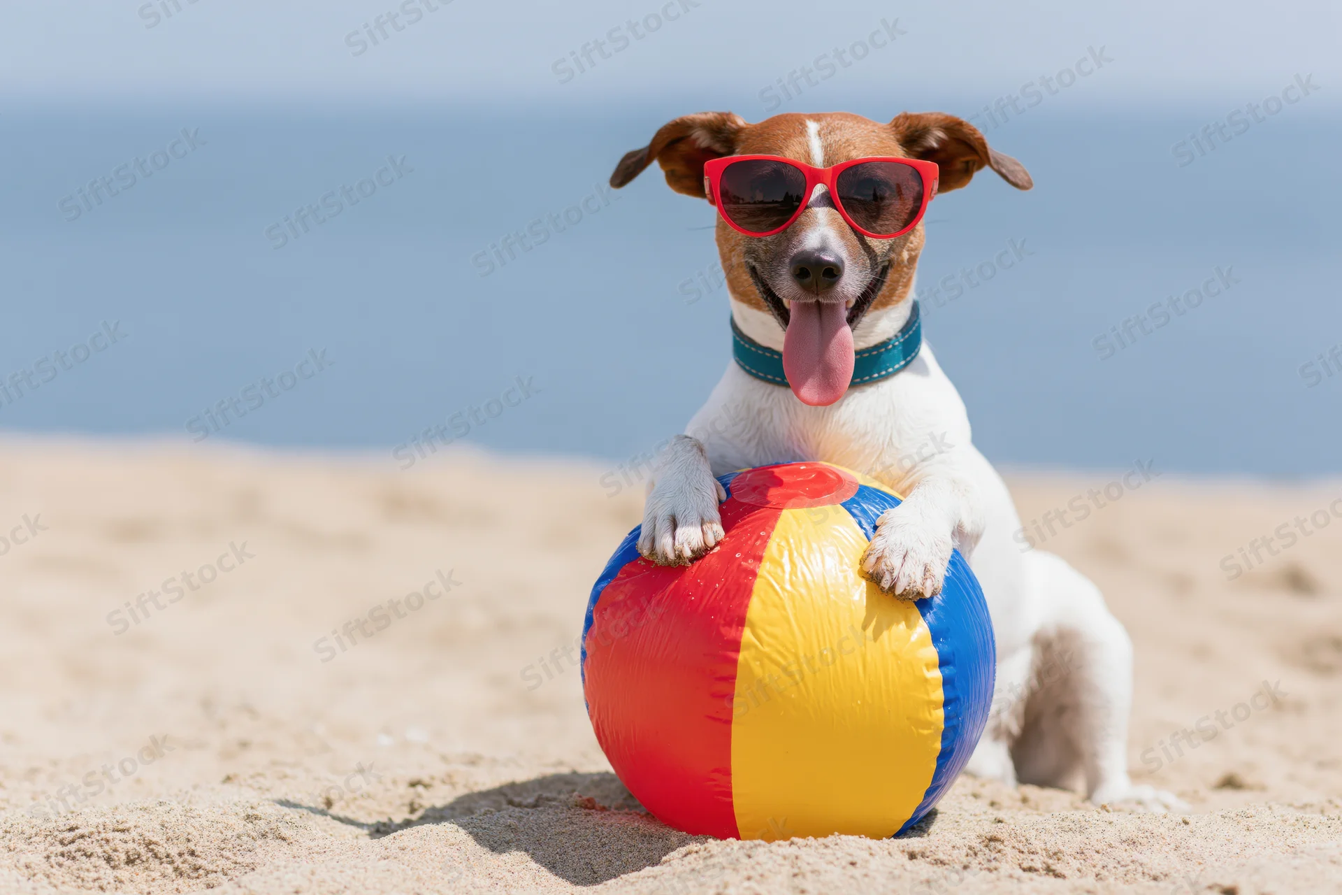 Jack russell terrier wearing red sunglasses with paws on colorful beach ball on sandy shore