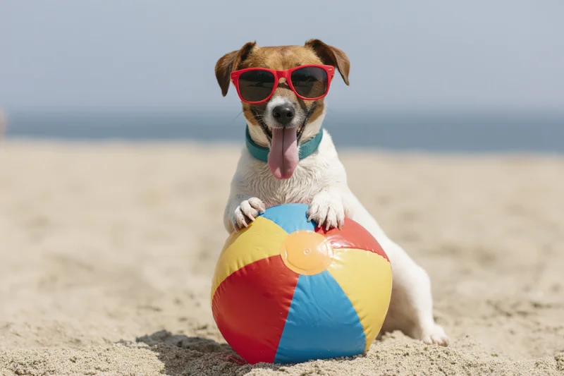 Jack russell terrier wearing red sunglasses with paws on colorful beachball on sandy beach