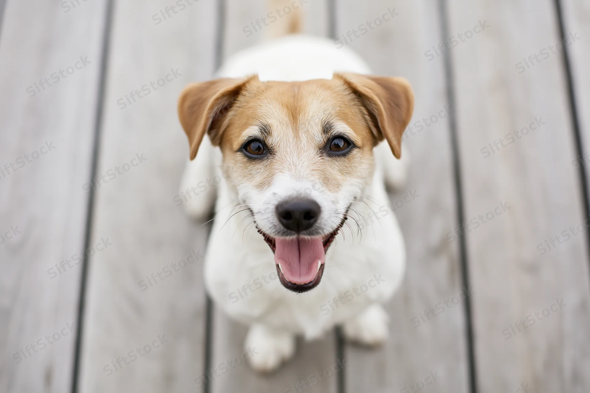 Jack russell terrier sitting on weathered wooden deck boards, looking up with tongue out
