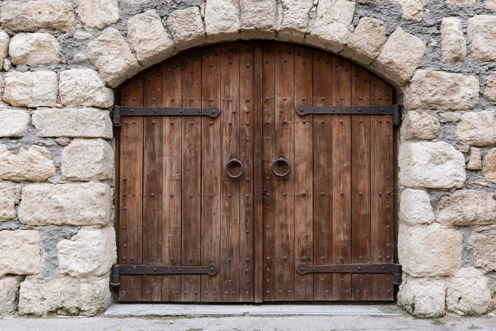 Arched double wooden door with iron hardware set in a stone wall
