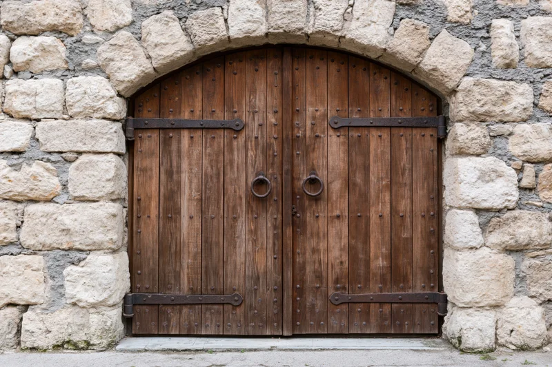 Arched double wooden door with iron hardware set in a stone wall
