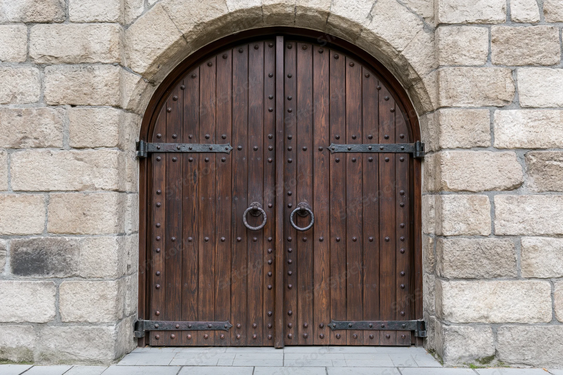 Arched double wooden door with iron hardware set in a stone wall