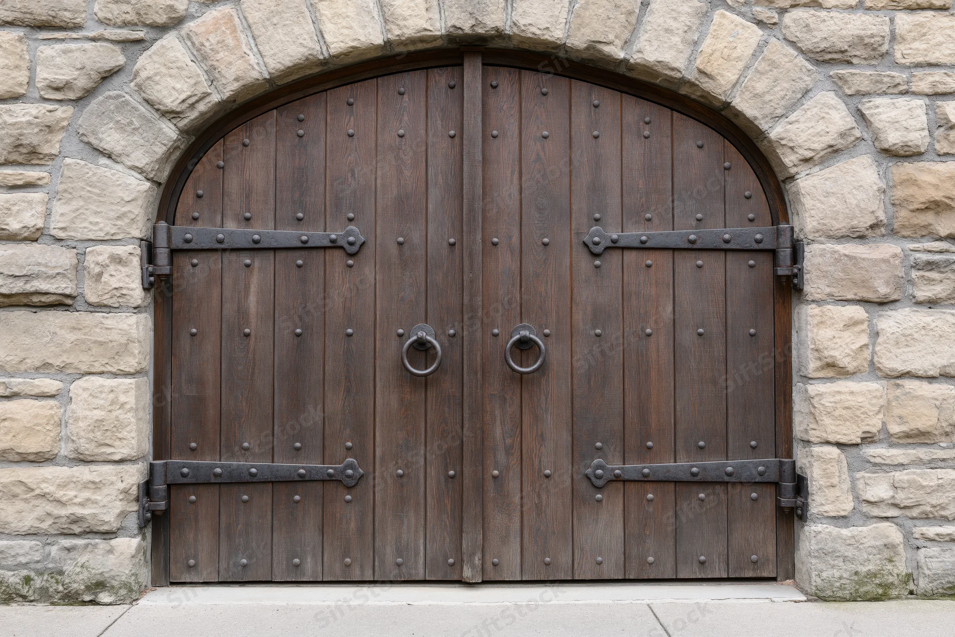 Large arched double wooden door with iron hardware set in a stone wall
