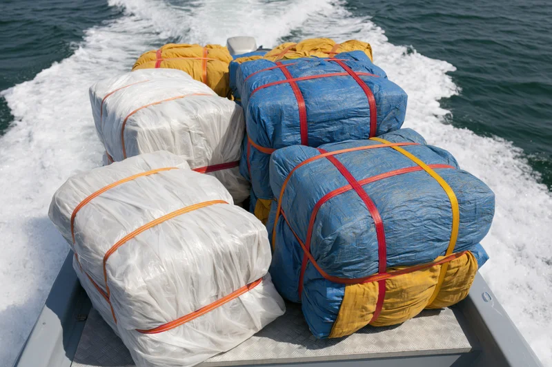 Tightly wrapped packages stacked on a moving boat in the ocean