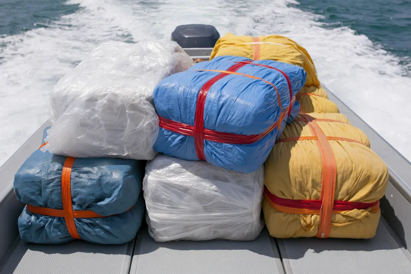 Tightly wrapped bales of contraband stacked on a speedboat deck moving through ocean water