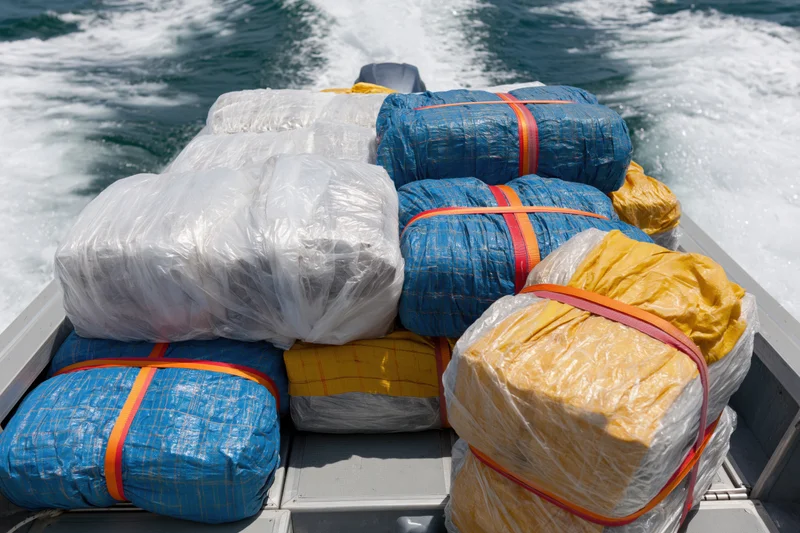 Tightly wrapped bales of contraband stacked on a moving boat in the ocean