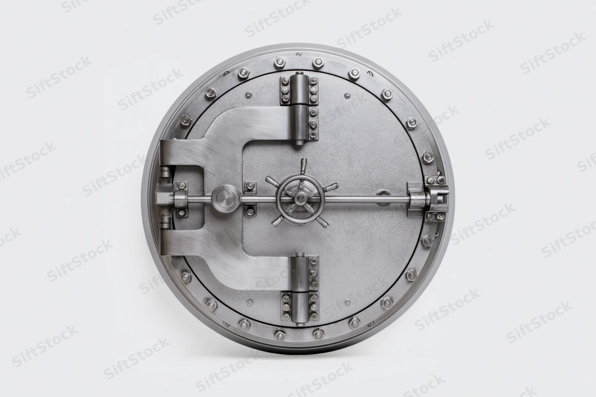 Circular bank vault door with wheel handle and bolts on white background