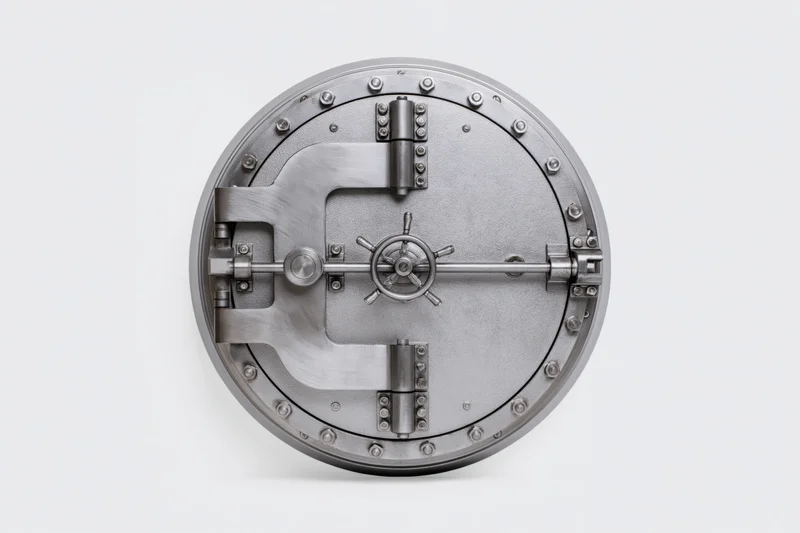 Circular bank vault door with wheel handle and bolts on white background
