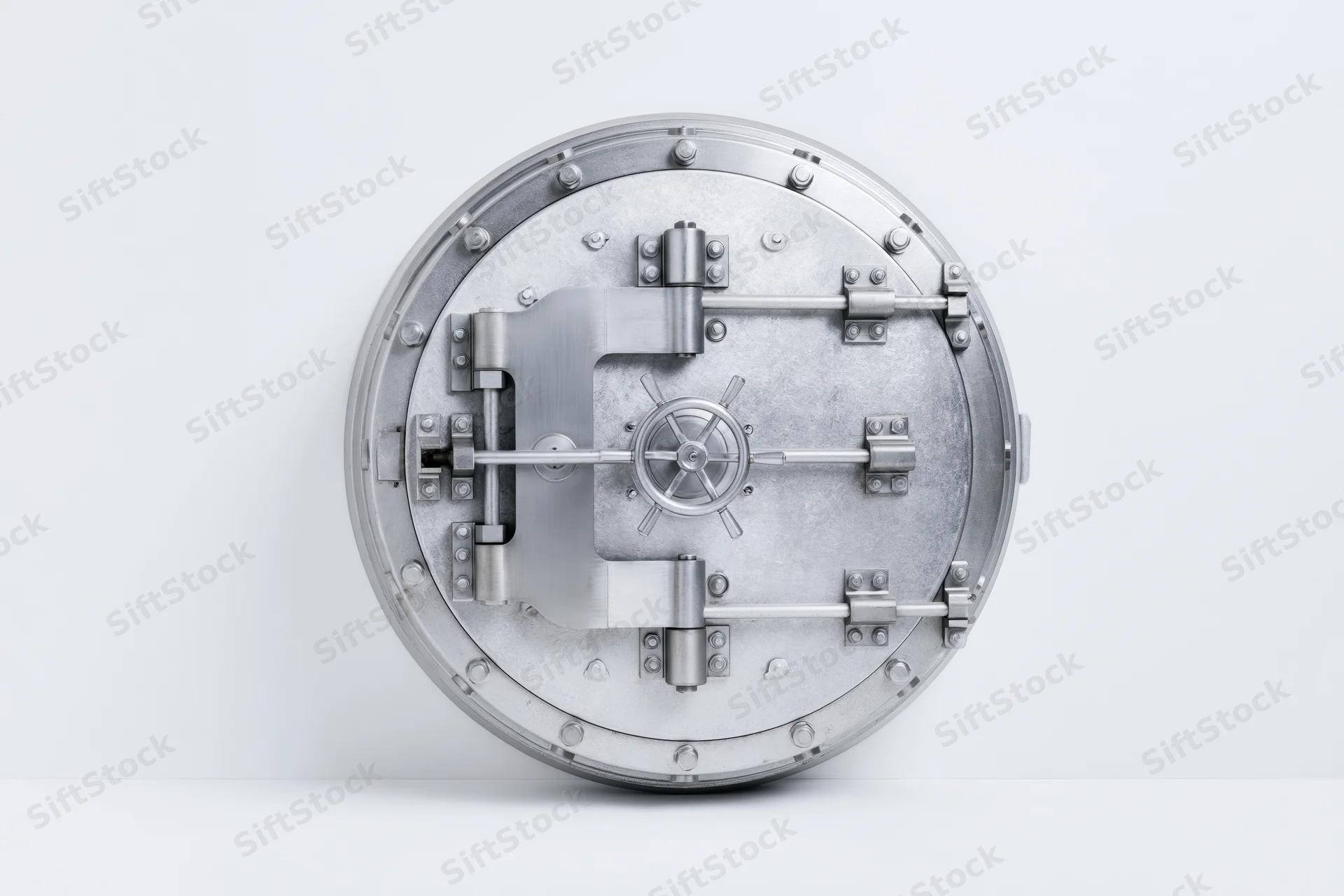 Large circular bank vault door closed and centered on white background