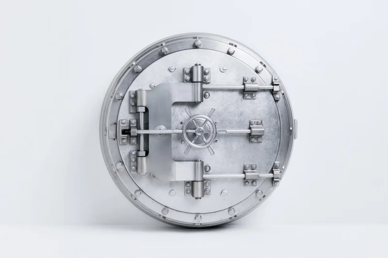 Large circular bank vault door closed and centered on white background