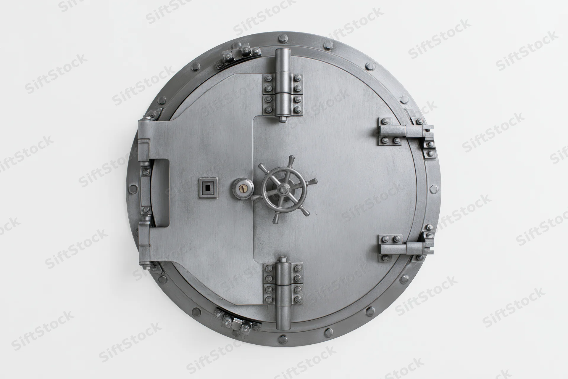 Circular bank vault door closed with wheel lock and bolts on white background