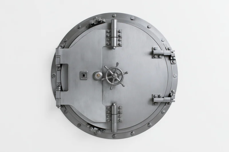 Circular bank vault door closed with wheel lock and bolts on white background