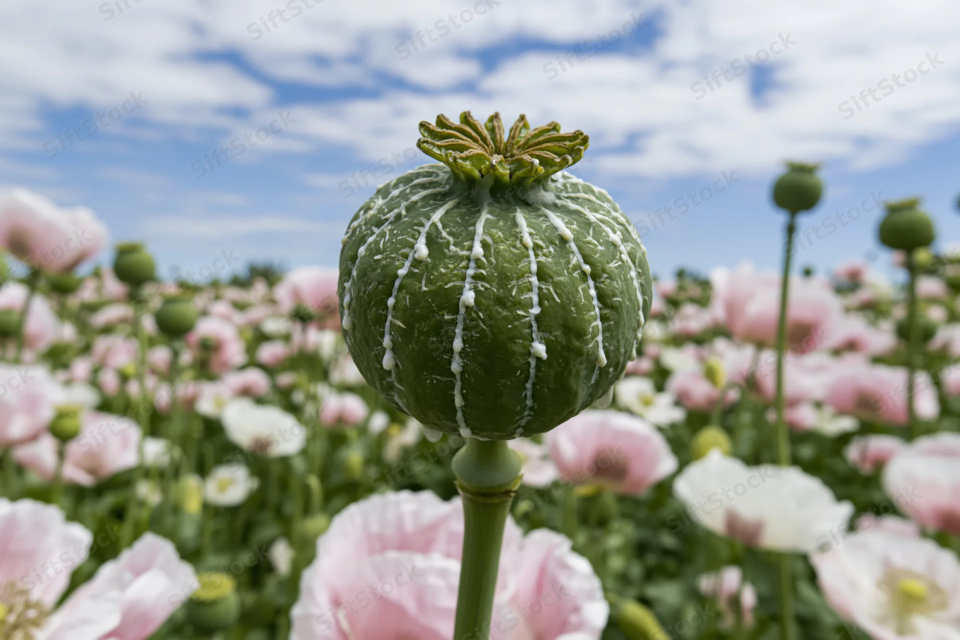 Close-up of a green poppy seed pod with white latex resin droplets in a field of pink and white poppies under a blue sky with clouds